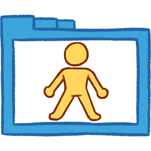 A hollow blue folder with thick lineart. Inside is an emoji yellow person with their limbs spread out and no details.